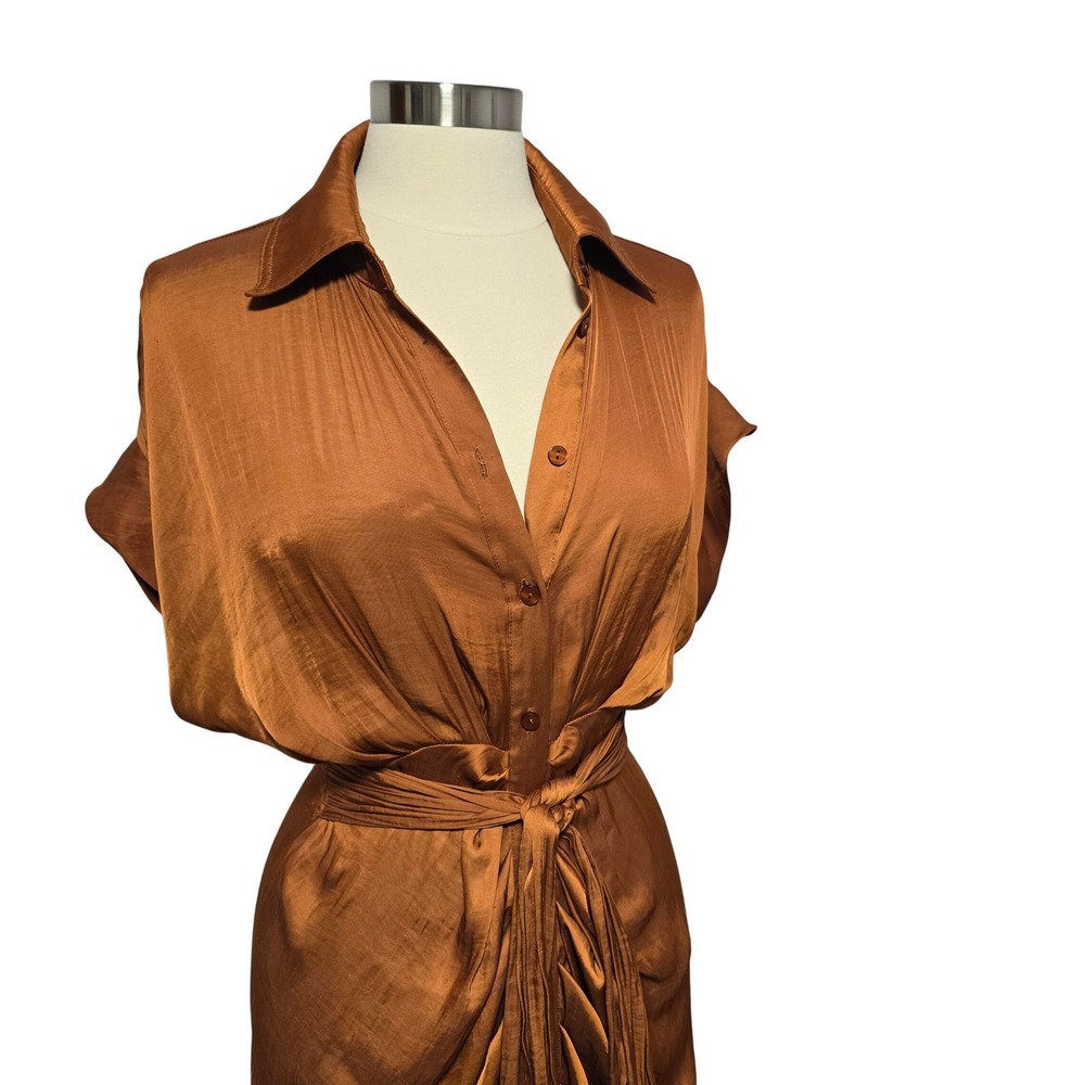 Steve Madden Women's Satin Draped Midi Shirt Dress Bronze Button Tie Waist Sz 6 - Picture 2 of 12